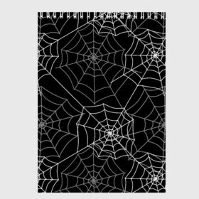 Скетчбук с принтом Паутинка в Санкт-Петербурге, 100% бумага
 | 48 листов, плотность листов — 100 г/м2, плотность картонной обложки — 250 г/м2. Листы скреплены сверху удобной пружинной спиралью | Тематика изображения на принте: белый | паутина | узор | хэллоуин | черный