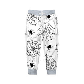 Детские брюки 3D с принтом Паутинка в Санкт-Петербурге, 100% полиэстер | манжеты по низу, эластичный пояс регулируется шнурком, по бокам два кармана без застежек, внутренняя часть кармана из мелкой сетки | белый | паук | паутина | узор | хэллоуин | черный