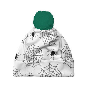 Шапка 3D c помпоном с принтом Паутинка в Санкт-Петербурге, 100% полиэстер | универсальный размер, печать по всей поверхности изделия | белый | паук | паутина | узор | хэллоуин | черный