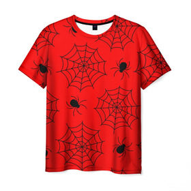 Мужская футболка 3D с принтом Happy Halloween в Санкт-Петербурге, 100% полиэфир | прямой крой, круглый вырез горловины, длина до линии бедер | Тематика изображения на принте: белый | паук | паутина | узор | хэллоуин | черный
