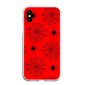 Чехол для iPhone XS Max матовый с принтом Happy Halloween в Санкт-Петербурге, Силикон | Область печати: задняя сторона чехла, без боковых панелей | Тематика изображения на принте: белый | паук | паутина | узор | хэллоуин | черный