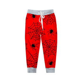 Детские брюки 3D с принтом Happy Halloween в Санкт-Петербурге, 100% полиэстер | манжеты по низу, эластичный пояс регулируется шнурком, по бокам два кармана без застежек, внутренняя часть кармана из мелкой сетки | белый | паук | паутина | узор | хэллоуин | черный