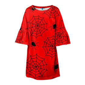 Детское платье 3D с принтом Happy Halloween в Санкт-Петербурге, 100% полиэстер | прямой силуэт, чуть расширенный к низу. Круглая горловина, на рукавах — воланы | белый | паук | паутина | узор | хэллоуин | черный
