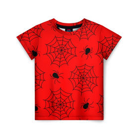 Детская футболка 3D с принтом Happy Halloween в Санкт-Петербурге, 100% гипоаллергенный полиэфир | прямой крой, круглый вырез горловины, длина до линии бедер, чуть спущенное плечо, ткань немного тянется | белый | паук | паутина | узор | хэллоуин | черный