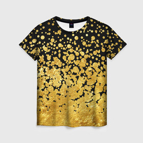Женская футболка 3D с принтом Золотой в Санкт-Петербурге, 100% полиэфир ( синтетическое хлопкоподобное полотно) | прямой крой, круглый вырез горловины, длина до линии бедер | Тематика изображения на принте: блеск | блестки | желтый | круги | перетекание | россыпь | черный