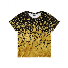 Детская футболка 3D с принтом Золотой в Санкт-Петербурге, 100% гипоаллергенный полиэфир | прямой крой, круглый вырез горловины, длина до линии бедер, чуть спущенное плечо, ткань немного тянется | блеск | блестки | желтый | круги | перетекание | россыпь | черный