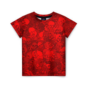 Детская футболка 3D с принтом Красные черепа в Санкт-Петербурге, 100% гипоаллергенный полиэфир | прямой крой, круглый вырез горловины, длина до линии бедер, чуть спущенное плечо, ткань немного тянется | Тематика изображения на принте: камуфляж | кости | красный | милитари | паттерн | скелет | текстура | хеллоуин