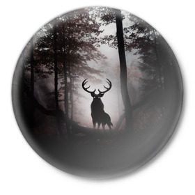 Значок с принтом Лес / Олень в тумане в Санкт-Петербурге,  металл | круглая форма, металлическая застежка в виде булавки | абстракция | арт | глаза | девушка | деревья | животное | животные | лес | листья | лучшие | ночь | олень | пейзаж | природа | туман | хеллоуин