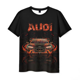 Мужская футболка 3D с принтом AUDI в огоне в Санкт-Петербурге, 100% полиэфир | прямой крой, круглый вырез горловины, длина до линии бедер | авто | ауди | машина | огонь | пламя