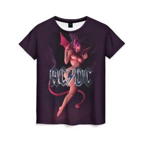 Женская футболка 3D с принтом AC/DC в Санкт-Петербурге, 100% полиэфир ( синтетическое хлопкоподобное полотно) | прямой крой, круглый вырез горловины, длина до линии бедер | ac dc | angus | hard | heavy | metal | rock. music | девушка | демон | дьявол | черт | чертик
