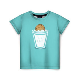Детская футболка 3D с принтом Молоко и печенюшка в Санкт-Петербурге, 100% гипоаллергенный полиэфир | прямой крой, круглый вырез горловины, длина до линии бедер, чуть спущенное плечо, ткань немного тянется | Тематика изображения на принте: еда | завтрак | здоровье | молоко | печенье | шоколад