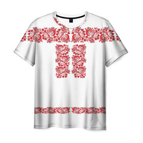 Мужская футболка 3D с принтом Вышиванка в Санкт-Петербурге, 100% полиэфир | прямой крой, круглый вырез горловины, длина до линии бедер | белорусская | вышиванка | древнерусская | к празднику | косоворотка | красные | масленица | национальная одежда | патриотическая | рубаха | русская | узоры | украинская