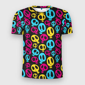 Мужская футболка 3D спортивная с принтом Веселый Хэллоуин в Санкт-Петербурге, 100% полиэстер с улучшенными характеристиками | приталенный силуэт, круглая горловина, широкие плечи, сужается к линии бедра | желтый | розовый | синий | череп