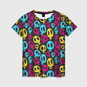 Женская футболка 3D с принтом Веселый Хэллоуин в Санкт-Петербурге, 100% полиэфир ( синтетическое хлопкоподобное полотно) | прямой крой, круглый вырез горловины, длина до линии бедер | желтый | розовый | синий | череп