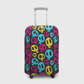 Чехол для чемодана 3D с принтом Веселый Хэллоуин в Санкт-Петербурге, 86% полиэфир, 14% спандекс | двустороннее нанесение принта, прорези для ручек и колес | желтый | розовый | синий | череп