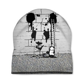 Шапка 3D с принтом Панда вандал в Санкт-Петербурге, 100% полиэстер | универсальный размер, печать по всей поверхности изделия | бамбук | бамбуковый медведь | банка | животное | зубы | капли | когти | краска | красная книга | лапы | мишка | панда | подтеки | прикол | прикольный | рисует | следы | черный | япония