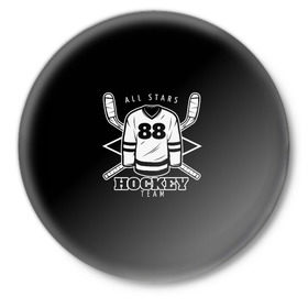 Значок с принтом Hockey Team в Санкт-Петербурге,  металл | круглая форма, металлическая застежка в виде булавки | bandy | hockey | клюшка | коньки | лед | спорт | хоккей