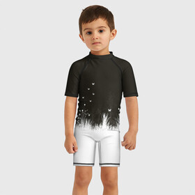 Детский купальный костюм 3D с принтом Ночная полянка в Санкт-Петербурге, Полиэстер 85%, Спандекс 15% | застежка на молнии на спине | бабочки | белый | кусты | ночь | цветы | чб | черно белое | черный