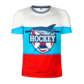 Мужская футболка 3D спортивная с принтом Акула хоккея в Санкт-Петербурге, 100% полиэстер с улучшенными характеристиками | приталенный силуэт, круглая горловина, широкие плечи, сужается к линии бедра | bandy | hockey | клюшка | коньки | лед | россия | русский хоккей | спорт | хоккей
