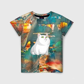 Детская футболка 3D с принтом Белый котик в Санкт-Петербурге, 100% гипоаллергенный полиэфир | прямой крой, круглый вырез горловины, длина до линии бедер, чуть спущенное плечо, ткань немного тянется | cat | арт | взгляд | кот | кот хипстер | котёнок | котятки | котятушки | кошечки | кошка | мордочка