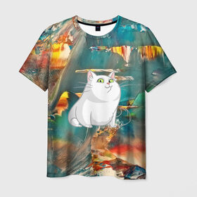 Мужская футболка 3D с принтом Белый котик в Санкт-Петербурге, 100% полиэфир | прямой крой, круглый вырез горловины, длина до линии бедер | cat | арт | взгляд | кот | кот хипстер | котёнок | котятки | котятушки | кошечки | кошка | мордочка
