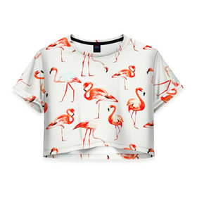 Женская футболка 3D укороченная с принтом Фламинго в Санкт-Петербурге, 100% полиэстер | круглая горловина, длина футболки до линии талии, рукава с отворотами | арт | птицы | текстура | фламинго