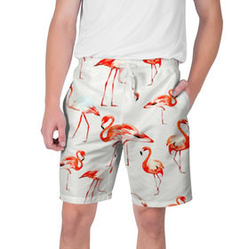 Мужские шорты 3D с принтом Фламинго в Санкт-Петербурге,  полиэстер 100% | прямой крой, два кармана без застежек по бокам. Мягкая трикотажная резинка на поясе, внутри которой широкие завязки. Длина чуть выше колен | арт | птицы | текстура | фламинго