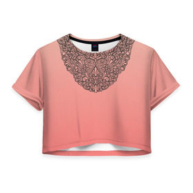 Женская футболка 3D укороченная с принтом Кружевной воротник в Санкт-Петербурге, 100% полиэстер | круглая горловина, длина футболки до линии талии, рукава с отворотами | градиент | имитация | розовый