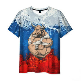 Мужская футболка 3D с принтом Буйвол в Санкт-Петербурге, 100% полиэфир | прямой крой, круглый вырез горловины, длина до линии бедер | abstraction | grunge | абстракция | буйвол | бык | краска | русский | триколор | я русский