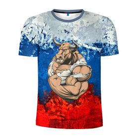 Мужская футболка 3D спортивная с принтом Буйвол в Санкт-Петербурге, 100% полиэстер с улучшенными характеристиками | приталенный силуэт, круглая горловина, широкие плечи, сужается к линии бедра | abstraction | grunge | абстракция | буйвол | бык | краска | русский | триколор | я русский