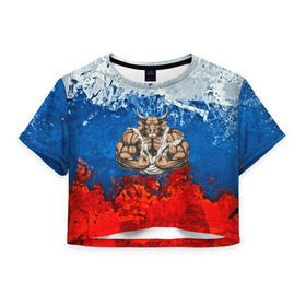 Женская футболка 3D укороченная с принтом Бык триколор в Санкт-Петербурге, 100% полиэстер | круглая горловина, длина футболки до линии талии, рукава с отворотами | abstraction | grunge | абстракция | буйвол | бык | краска | русский | триколор | я русский