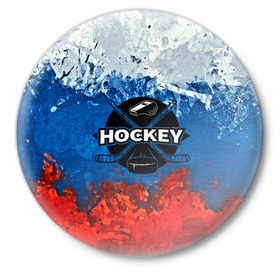 Значок с принтом Хоккей триколор в Санкт-Петербурге,  металл | круглая форма, металлическая застежка в виде булавки | bandy | hockey | клюшка | коньки | лед | россия | русский хоккей | спорт | хоккей | чемпионат