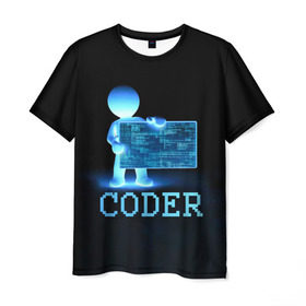 Мужская футболка 3D с принтом Coder - программист кодировщик в Санкт-Петербурге, 100% полиэфир | прямой крой, круглый вырез горловины, длина до линии бедер | it | programmer | голова | загрузка | код | надпись | неоновый | ноги | программный | руки | светящийся | страница | технологии | хакер | человек | человечек | шифровальщик | экран