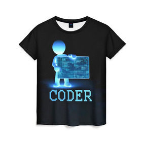 Женская футболка 3D с принтом Coder - программист кодировщик в Санкт-Петербурге, 100% полиэфир ( синтетическое хлопкоподобное полотно) | прямой крой, круглый вырез горловины, длина до линии бедер | it | programmer | голова | загрузка | код | надпись | неоновый | ноги | программный | руки | светящийся | страница | технологии | хакер | человек | человечек | шифровальщик | экран