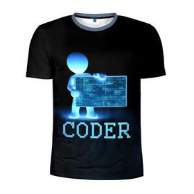 Мужская футболка 3D спортивная с принтом Coder - программист кодировщик в Санкт-Петербурге, 100% полиэстер с улучшенными характеристиками | приталенный силуэт, круглая горловина, широкие плечи, сужается к линии бедра | it | programmer | голова | загрузка | код | надпись | неоновый | ноги | программный | руки | светящийся | страница | технологии | хакер | человек | человечек | шифровальщик | экран