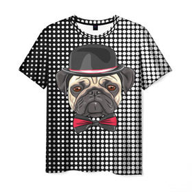 Мужская футболка 3D с принтом Mr. Pug в Санкт-Петербурге, 100% полиэфир | прямой крой, круглый вырез горловины, длина до линии бедер | Тематика изображения на принте: animal | dog | pet | pug | puppy | арт | горошек | джентльмен | животные | кружочки | мопс | мопсик | пес | собаки | текстура | французский бульдог