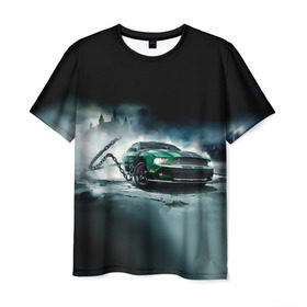 Мужская футболка 3D с принтом Призрачный Ford Mustang в Санкт-Петербурге, 100% полиэфир | прямой крой, круглый вырез горловины, длина до линии бедер | ford | mustang | авто | автомобиль | блатная | замок | зеленый | иномарка | крутая | марка | машина | мустанг | пацанский таз | поводок | прикольная | седан | тачила | тачка | туман | форд | цепь