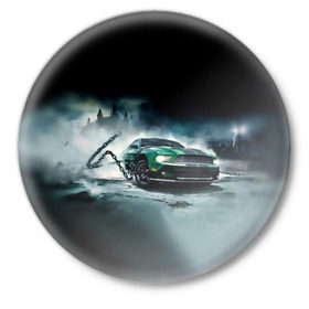 Значок с принтом Призрачный Ford Mustang в Санкт-Петербурге,  металл | круглая форма, металлическая застежка в виде булавки | ford | mustang | авто | автомобиль | блатная | замок | зеленый | иномарка | крутая | марка | машина | мустанг | пацанский таз | поводок | прикольная | седан | тачила | тачка | туман | форд | цепь