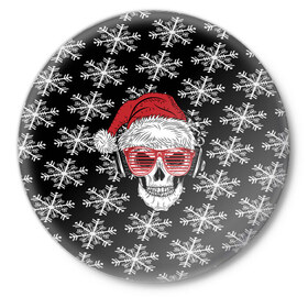 Значок с принтом Santa Skull хипстер в Санкт-Петербурге,  металл | круглая форма, металлическая застежка в виде булавки | дед мороз | новогодний | паттерн | санта | снег | снежинки