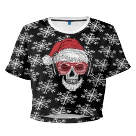 Женская футболка 3D укороченная с принтом Santa Skull хипстер в Санкт-Петербурге, 100% полиэстер | круглая горловина, длина футболки до линии талии, рукава с отворотами | дед мороз | новогодний | паттерн | санта | снег | снежинки