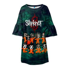 Детское платье 3D с принтом Группа Slipknot в Санкт-Петербурге, 100% полиэстер | прямой силуэт, чуть расширенный к низу. Круглая горловина, на рукавах — воланы | slipknot | альтернативный метал | грув метал | комбинезон | маска | метал | мрачный | ню метал | рок