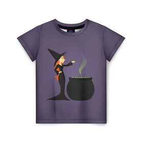 Детская футболка 3D с принтом Ведьма в Санкт-Петербурге, 100% гипоаллергенный полиэфир | прямой крой, круглый вырез горловины, длина до линии бедер, чуть спущенное плечо, ткань немного тянется | ведьма | девушка | женщина | зелье | колдунья | праздник | тыква | хэллоуин