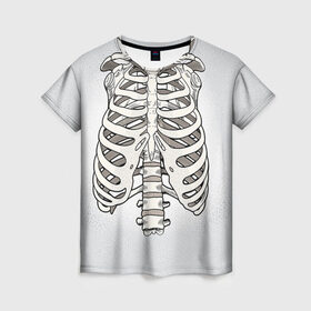 Женская футболка 3D с принтом Грудная клетка в Санкт-Петербурге, 100% полиэфир ( синтетическое хлопкоподобное полотно) | прямой крой, круглый вырез горловины, длина до линии бедер | Тематика изображения на принте: halloween | skeleton | грудная клетка | кости | ребра | скелет | хэллоуин