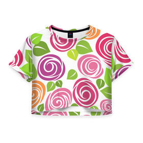 Женская футболка 3D укороченная с принтом Розы Минимализм в Санкт-Петербурге, 100% полиэстер | круглая горловина, длина футболки до линии талии, рукава с отворотами | Тематика изображения на принте: flowers | розовый | розы | цветы