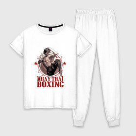 Женская пижама хлопок с принтом Тайский бокс в Санкт-Петербурге, 100% хлопок | брюки и футболка прямого кроя, без карманов, на брюках мягкая резинка на поясе и по низу штанин | muay thai boxing