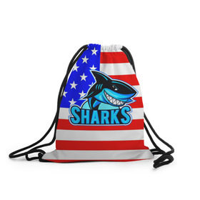 Рюкзак-мешок 3D с принтом Sharks USA в Санкт-Петербурге, 100% полиэстер | плотность ткани — 200 г/м2, размер — 35 х 45 см; лямки — толстые шнурки, застежка на шнуровке, без карманов и подкладки | sharks | usa | акула | америка | американец | символика америки | сша