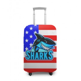 Чехол для чемодана 3D с принтом Sharks USA в Санкт-Петербурге, 86% полиэфир, 14% спандекс | двустороннее нанесение принта, прорези для ручек и колес | sharks | usa | акула | америка | американец | символика америки | сша