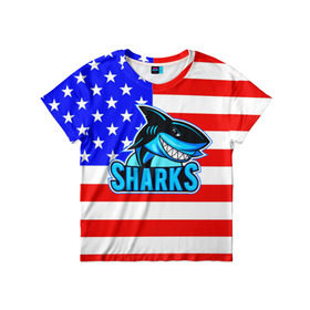 Детская футболка 3D с принтом Sharks USA в Санкт-Петербурге, 100% гипоаллергенный полиэфир | прямой крой, круглый вырез горловины, длина до линии бедер, чуть спущенное плечо, ткань немного тянется | Тематика изображения на принте: sharks | usa | акула | америка | американец | символика америки | сша
