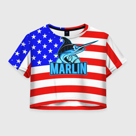 Женская футболка 3D укороченная с принтом Marlin USA в Санкт-Петербурге, 100% полиэстер | круглая горловина, длина футболки до линии талии, рукава с отворотами | Тематика изображения на принте: 
