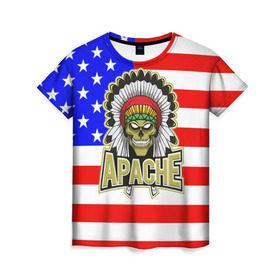 Женская футболка 3D с принтом Индейцы Apache в Санкт-Петербурге, 100% полиэфир ( синтетическое хлопкоподобное полотно) | прямой крой, круглый вырез горловины, длина до линии бедер | apache | usa | америка | американец | индейцы | символика америки | сша